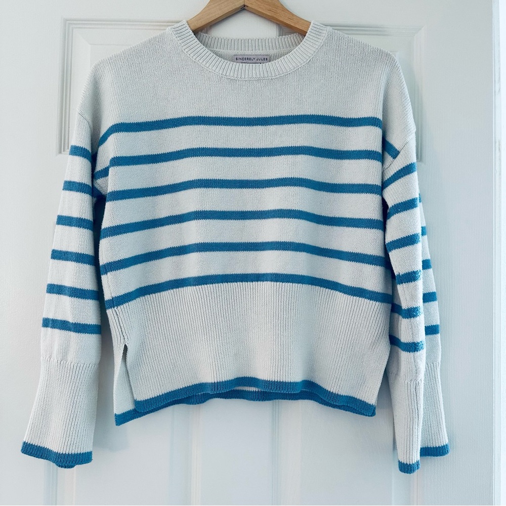 Nautical Striped Sweater Coastal Grandma Preppy Blue & White Women’s Crewneck